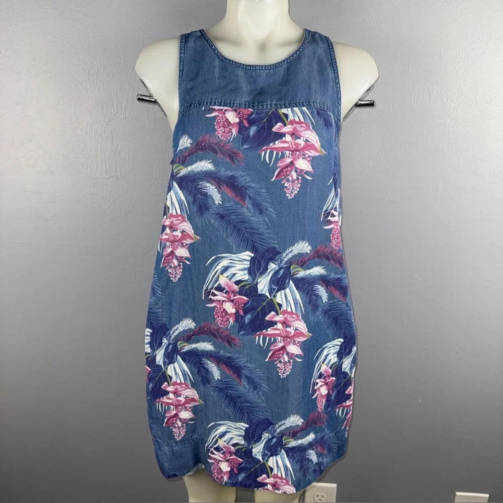 Tommy Bahama Dress Small Chambray Tropical Floral Print‎ Sleeveless with Pockets